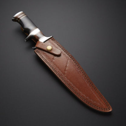 14 Inch Handmade D2 Steel Hunting Bowie Knife with Horn Handle and Leather Sheath