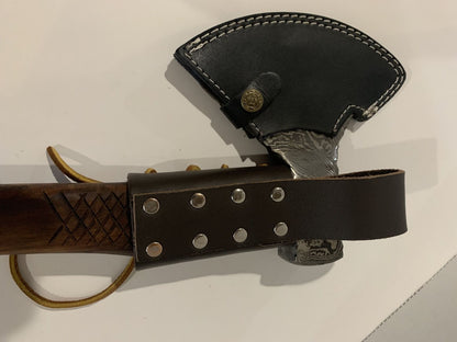 Hand Forged Damascus Steel Axe Hatchet with Wood Handle and Leather Sheath