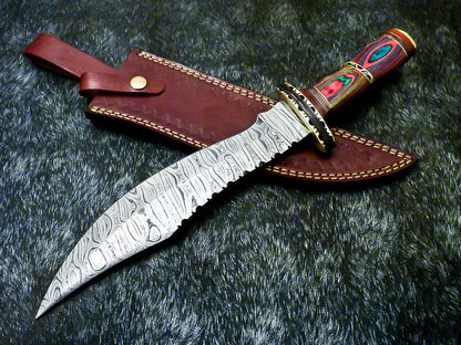 15" Hand Forged Damascus Hunting Bowie Knife | Hard Wood Handle