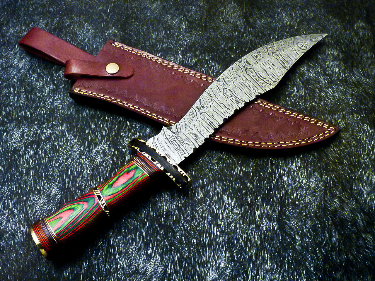 15" Hand Forged Damascus Hunting Bowie Knife | Hard Wood Handle