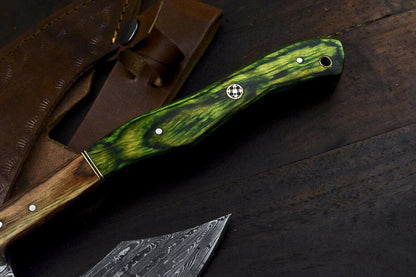 Hand Forged Damascus Axe Knife Hard Wood Hunting Clever Chopper with Leather Sheath