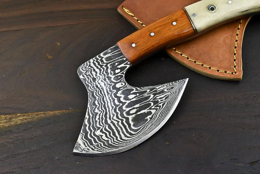 Fixed Blade Damascus Steel Hunting Axe Knife Camel Bone Handle Clever Chopper with Leather Sheath