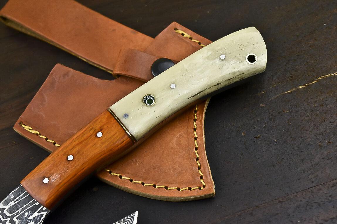 Fixed Blade Damascus Steel Hunting Axe Knife Camel Bone Handle Clever Chopper with Leather Sheath