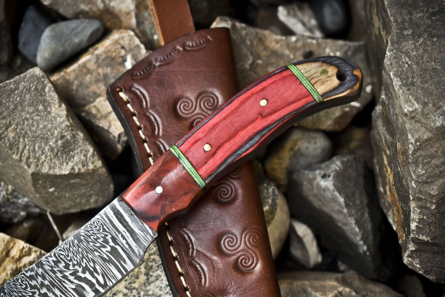 Twist Damascus Skinner Knife with Hardwood Handle – 8.5" Hand Forged EDC Hunting Knife