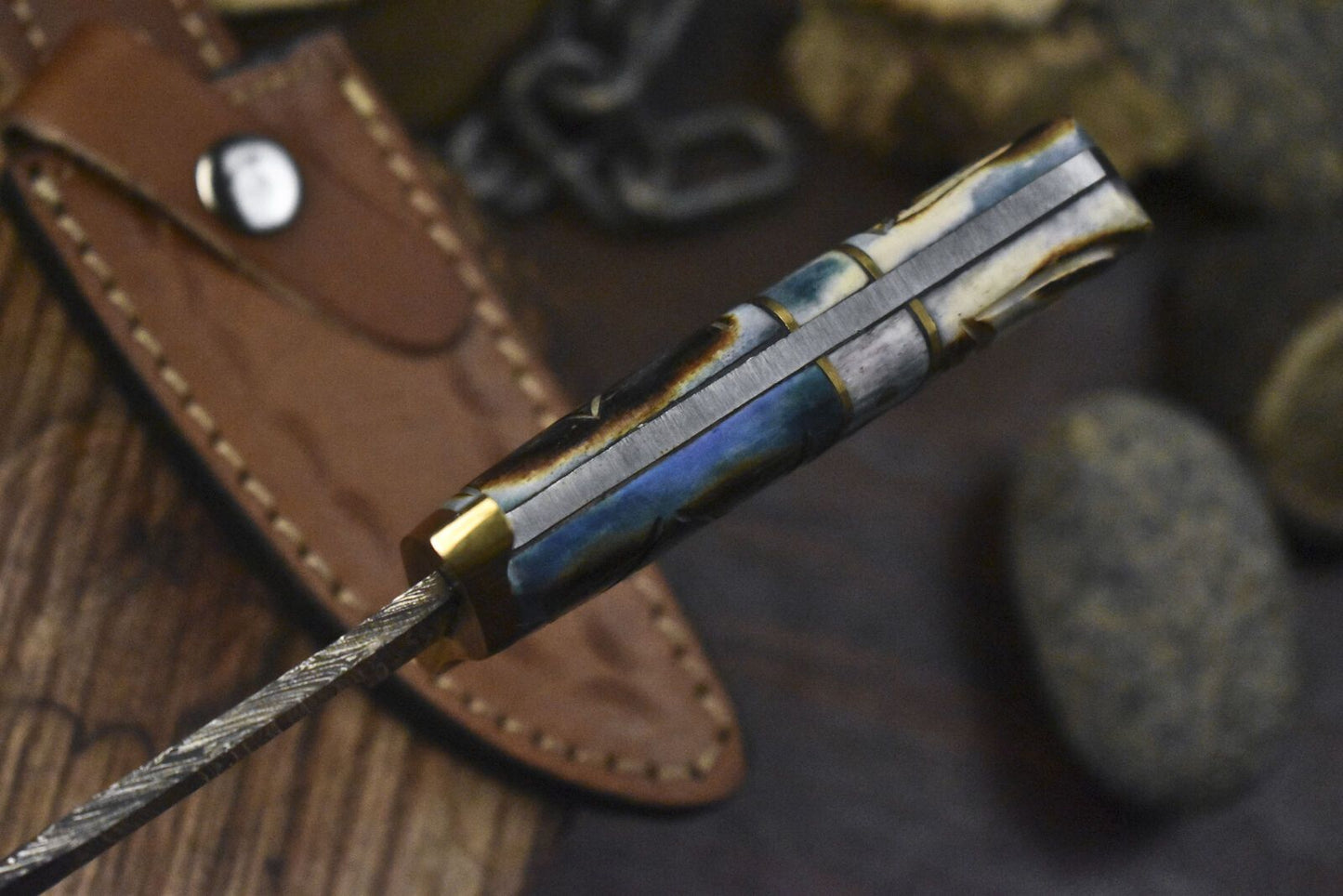 Custom Twist Damascus Skinner Knife with Bone Handle and Brass Guard 8 Inch Hiking Collectible