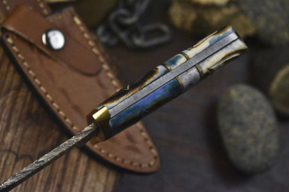 Custom Twist Damascus Skinner Knife with Bone Handle and Brass Guard 8 Inch Hiking Collectible