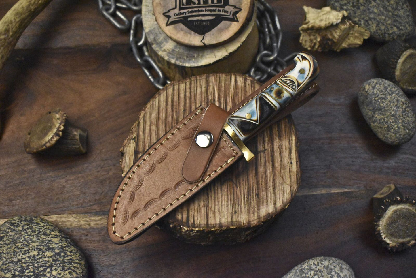 Custom Twist Damascus Skinner Knife with Bone Handle and Brass Guard 8 Inch Hiking Collectible
