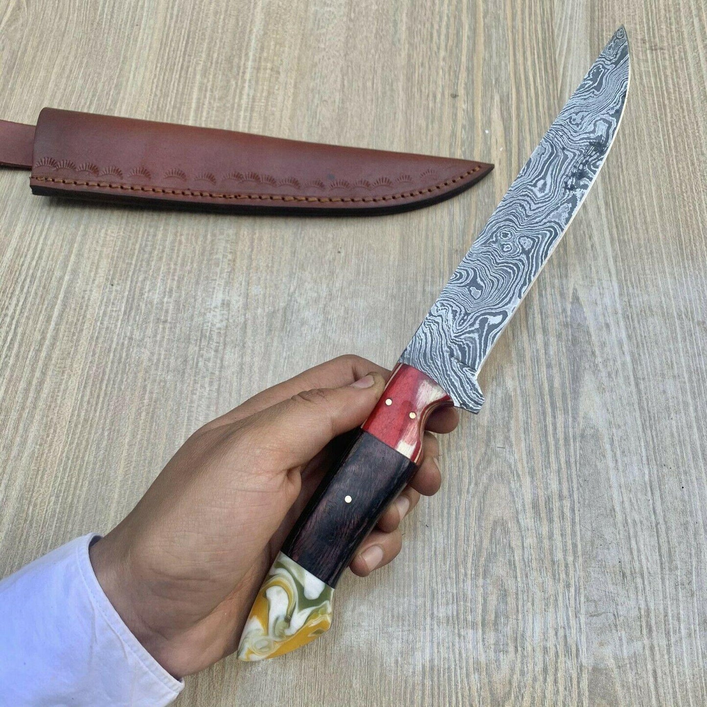 12.5" Custom Handmade Damascus Steel Full Tang Fillet Knife with Wood Handle