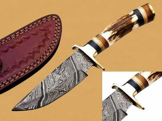 10" Handmade Damascus Bowie Knife | Deer Antler Handle