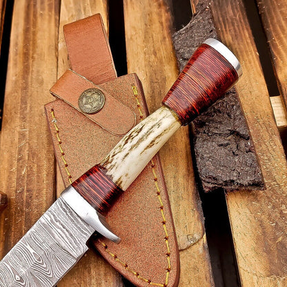 9.5" Damascus Bowie Knife | Stag Antler & Leather Sheath