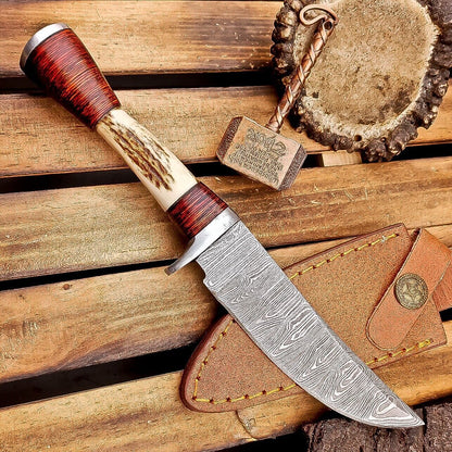 9.5" Damascus Bowie Knife | Stag Antler & Leather Sheath