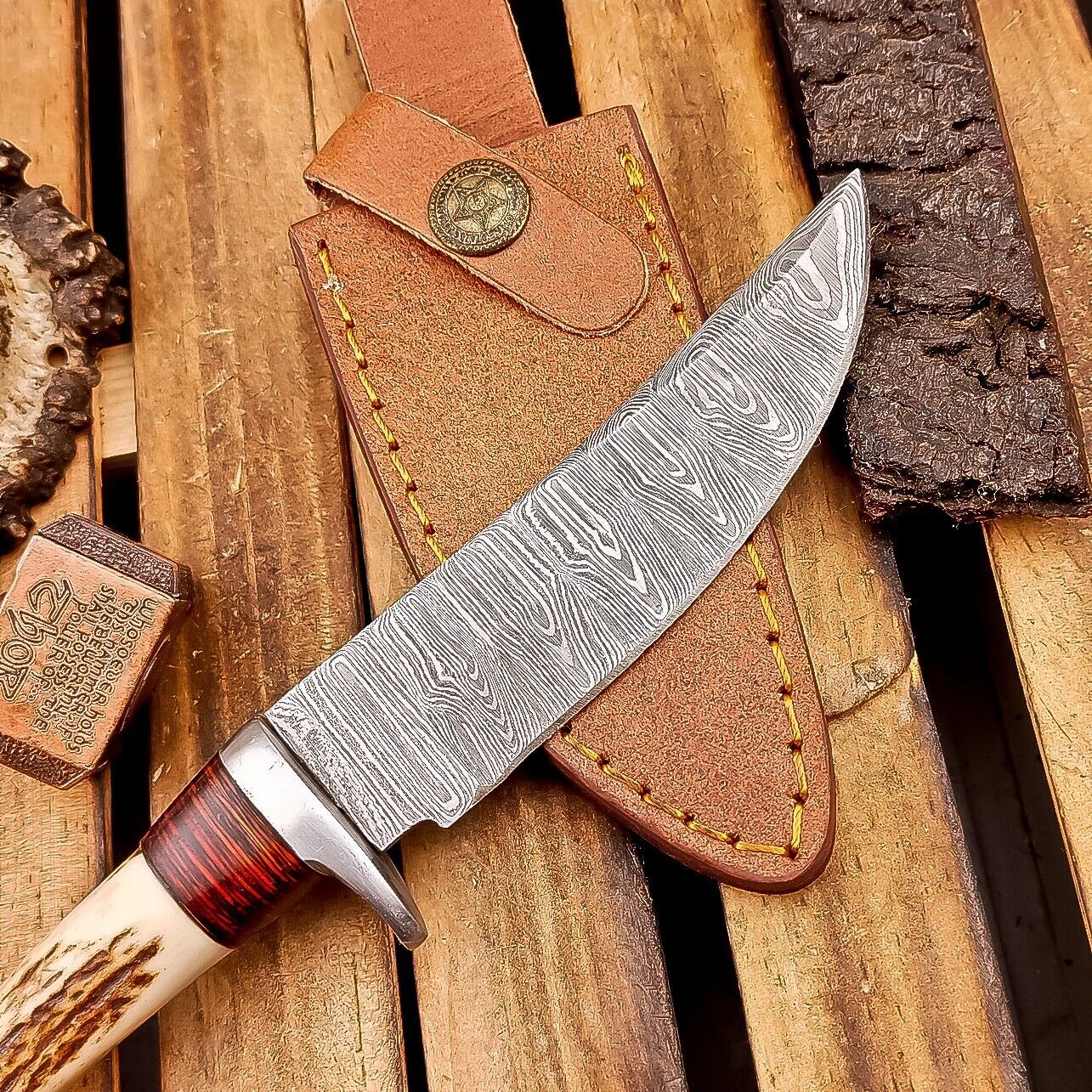 9.5" Damascus Bowie Knife | Stag Antler & Leather Sheath