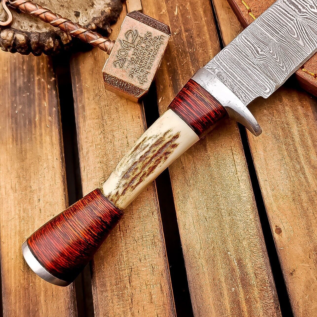 9.5" Damascus Bowie Knife | Stag Antler & Leather Sheath