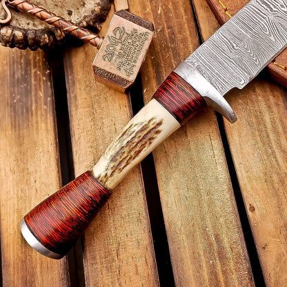9.5" Damascus Bowie Knife | Stag Antler & Leather Sheath