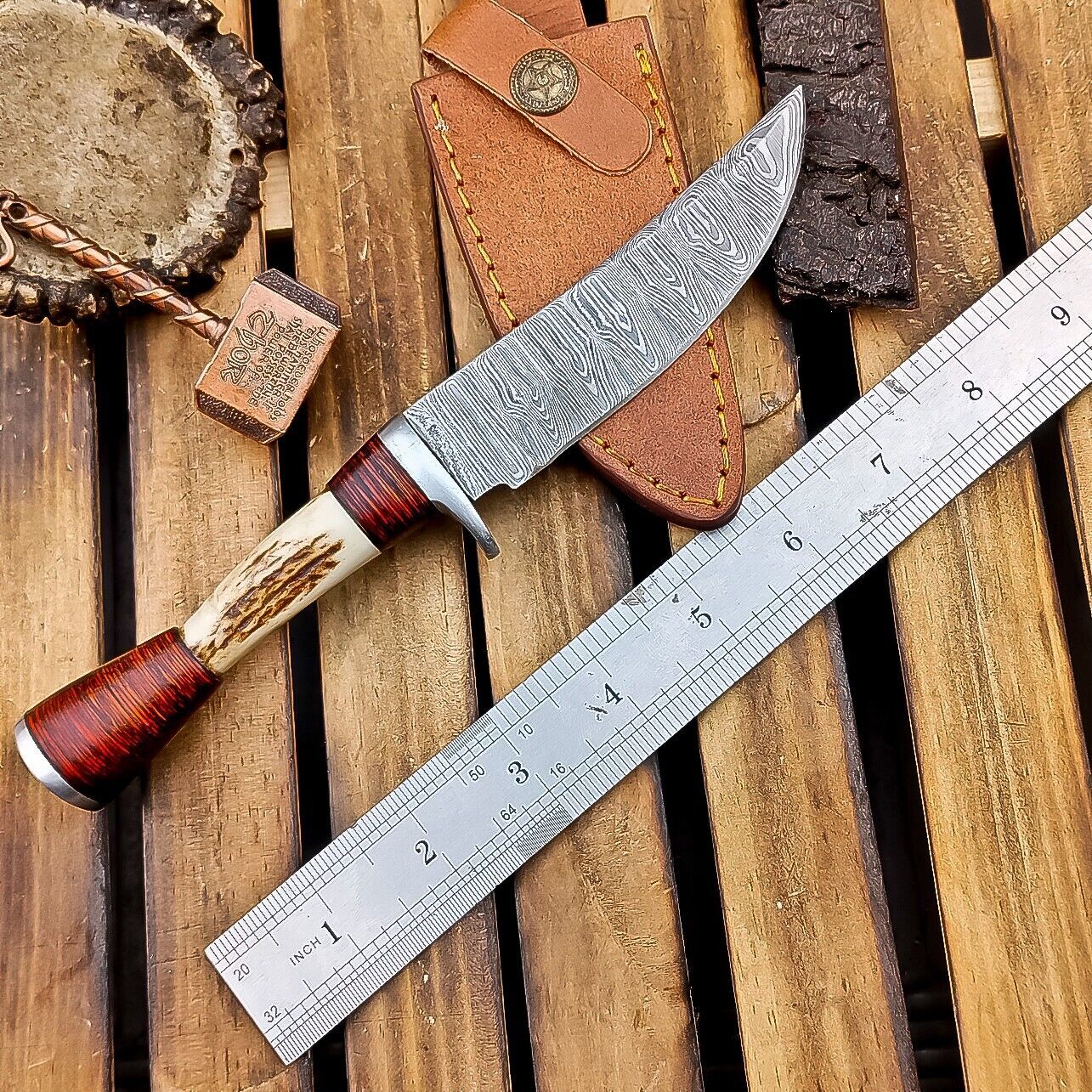 9.5" Damascus Bowie Knife | Stag Antler & Leather Sheath