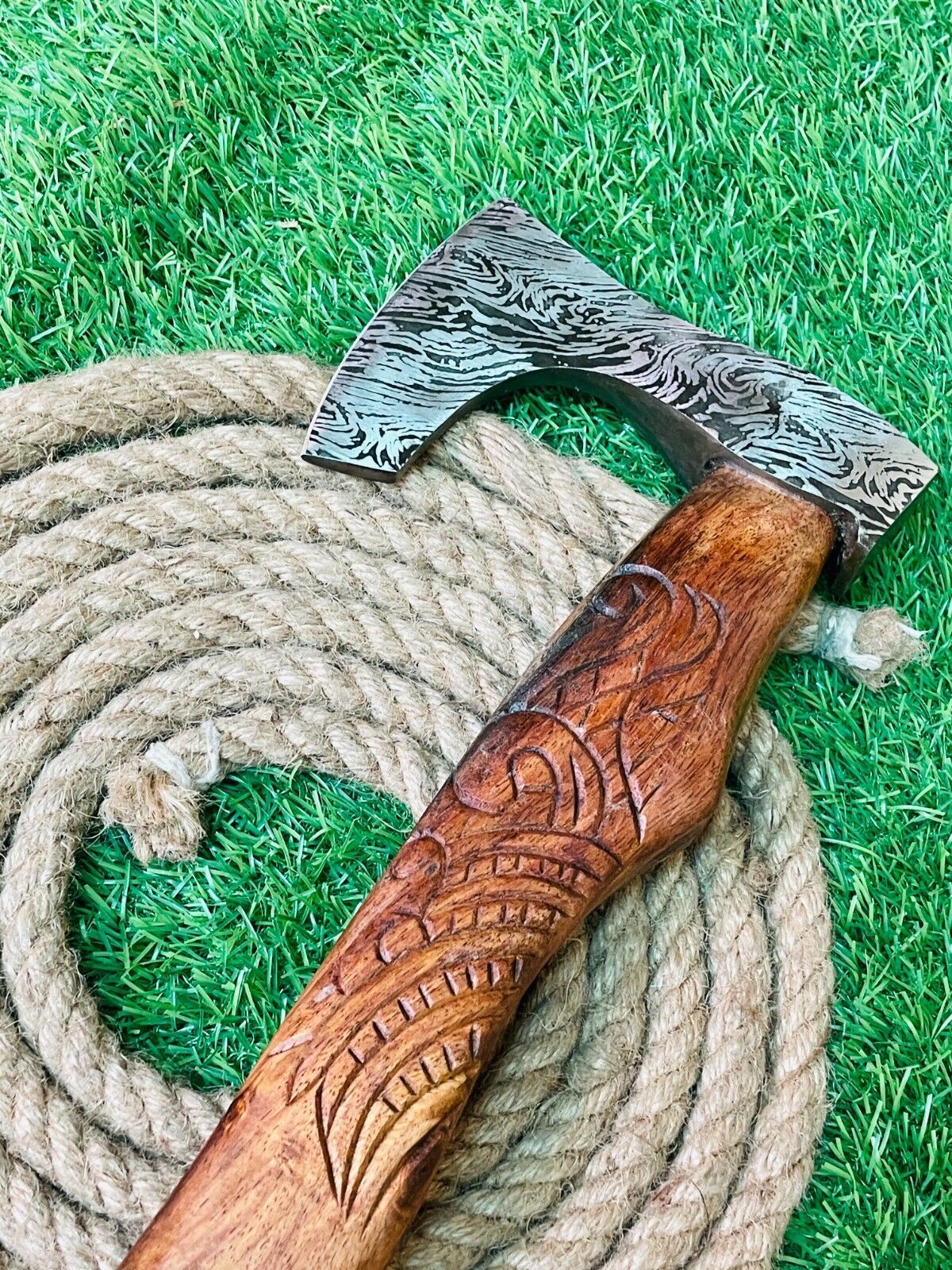 Handmade Forged Damascus Steel Viking Bearded Camping Axe with Leather Sheath