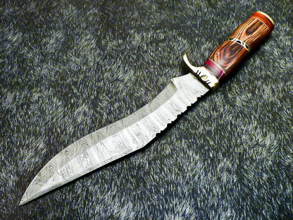 15" Hand-Forged Damascus Steel Bowie Hunting Knife – Hardwood Handle & Brass Bolster