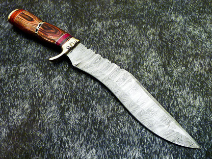 15" Hand-Forged Damascus Steel Bowie Hunting Knife – Hardwood Handle & Brass Bolster