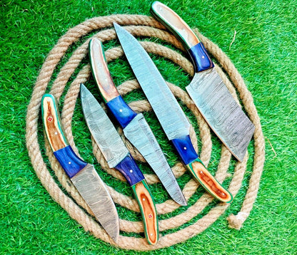 Custom Handmade Damascus Steel 5 Knives Cutlery Chef Knife Set with Bag for Kitchen