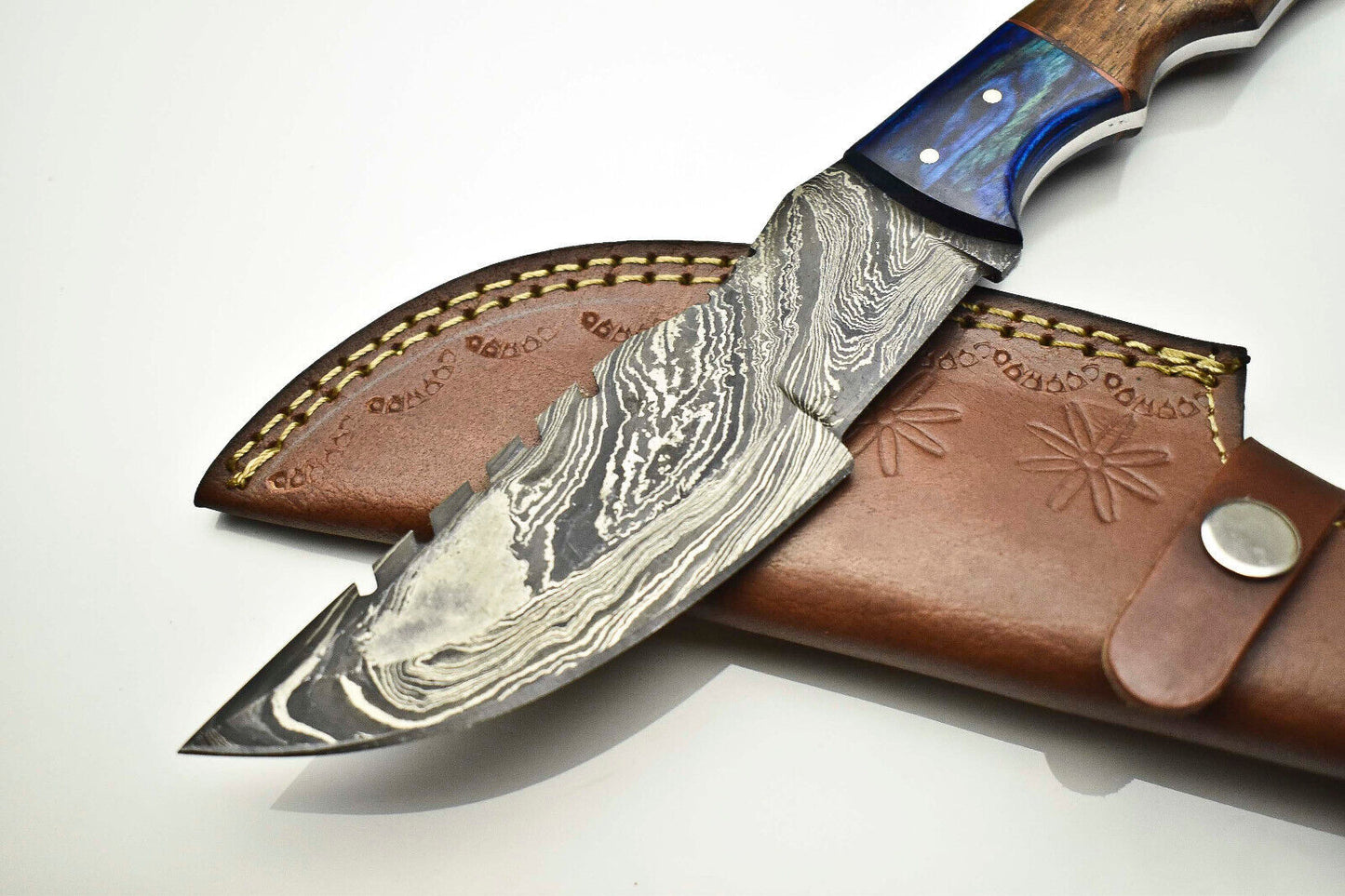 Custom Handmade Damascus Steel Tracker Knife | Walnut Wood Handle with Leather Sheath
