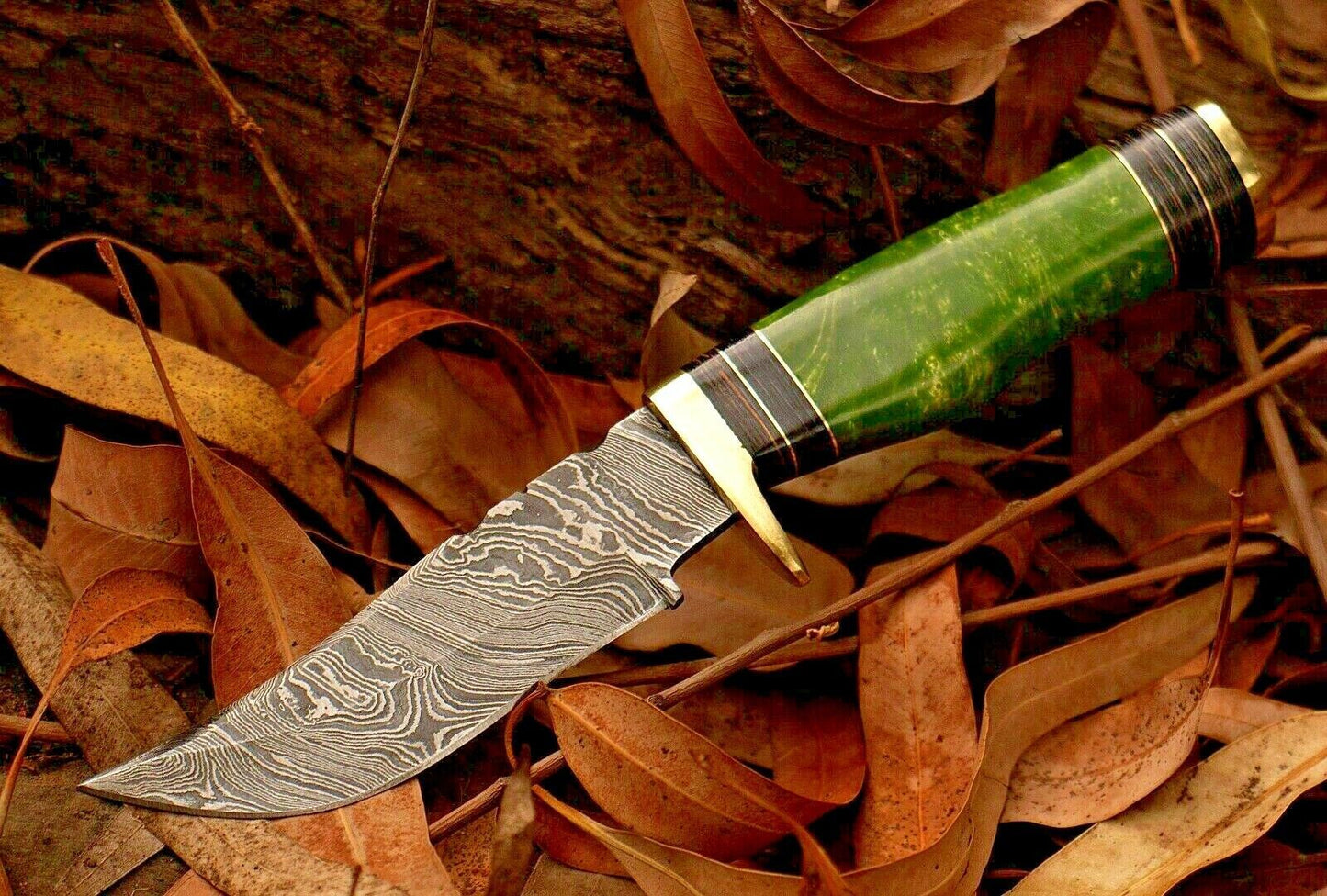 8" Hand Forged Damascus Steel Bowie Hunting Knife – Resin & Brass Guard