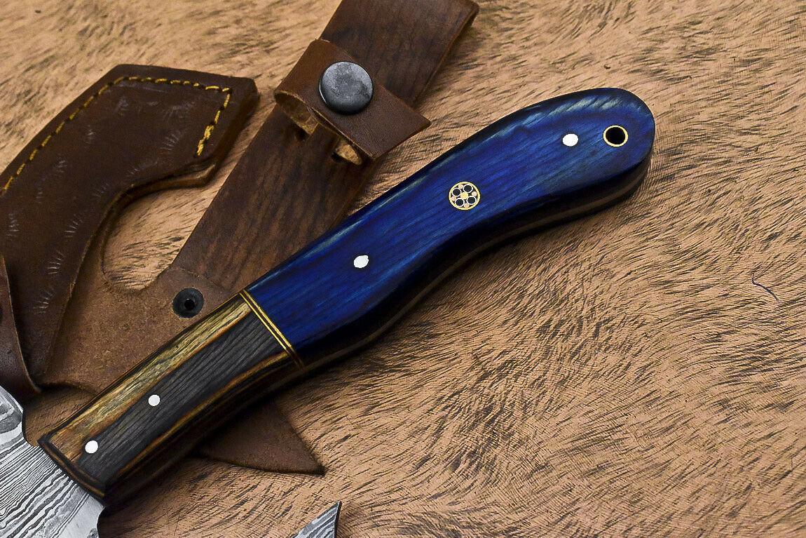 Handmade Damascus Steel Axe Clever Chopper Hunting Knife Hard Wood Handle with Leather Sheath