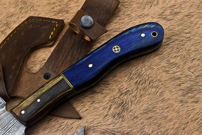 Handmade Damascus Steel Axe Clever Chopper Hunting Knife Hard Wood Handle with Leather Sheath