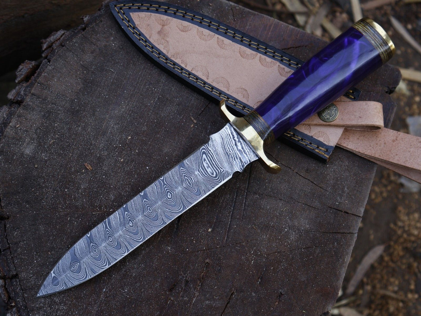 12 Inch Damascus Steel Dagger Knife Resin Hardwood Handle Leather Sheath
