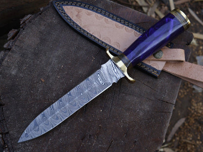 12 Inch Damascus Steel Dagger Knife Resin Hardwood Handle Leather Sheath