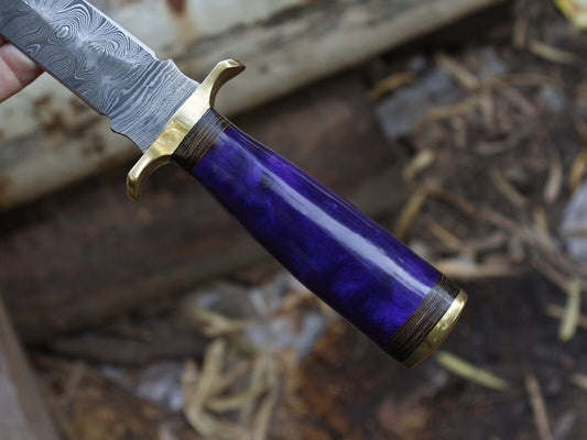 12 Inch Damascus Steel Dagger Knife Resin Hardwood Handle Leather Sheath