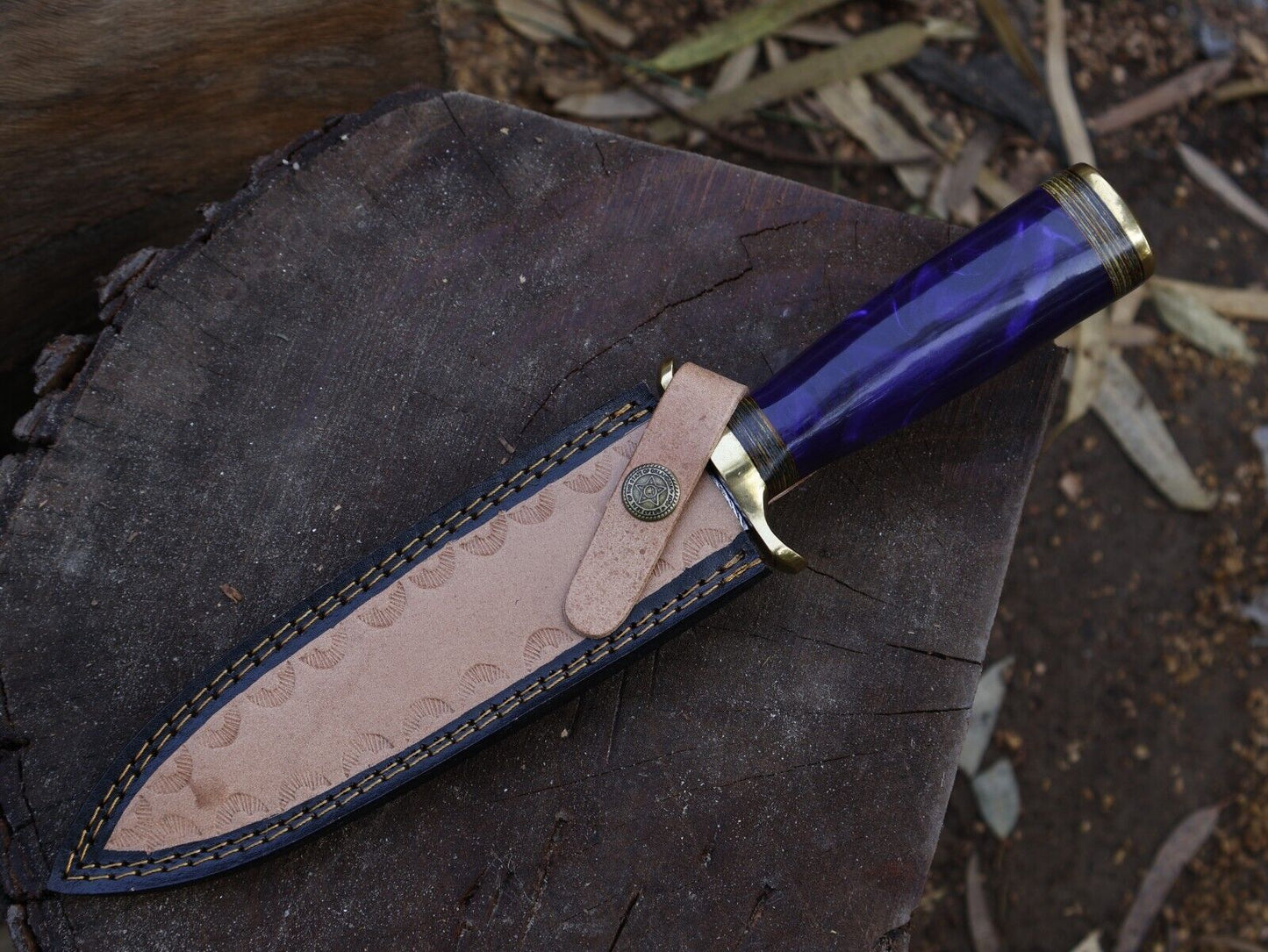 12 Inch Damascus Steel Dagger Knife Resin Hardwood Handle Leather Sheath