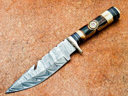 Heritage Forge 10" Damascus Steel Gut Hook Hunting Knife | Burnt Camel Bone Handle