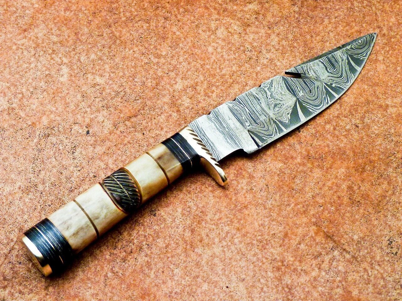 Heritage Forge 10" Damascus Steel Gut Hook Hunting Knife | Burnt Camel Bone Handle