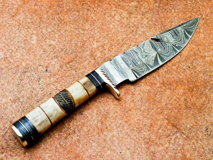 Heritage Forge 10" Damascus Steel Gut Hook Hunting Knife | Burnt Camel Bone Handle