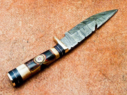 Heritage Forge 10" Damascus Steel Gut Hook Hunting Knife | Burnt Camel Bone Handle