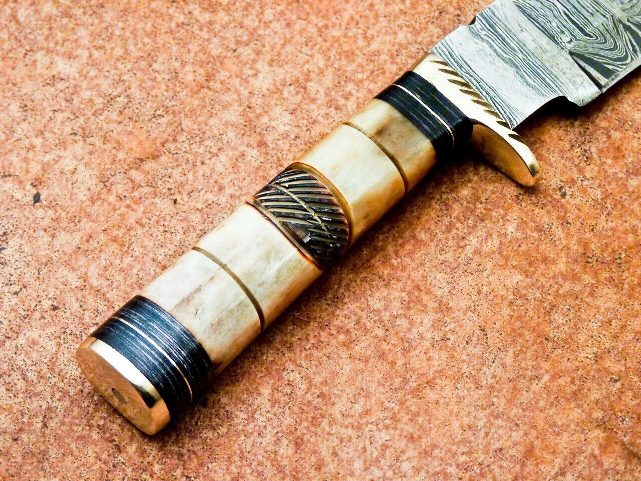 Heritage Forge 10" Damascus Steel Gut Hook Hunting Knife | Burnt Camel Bone Handle