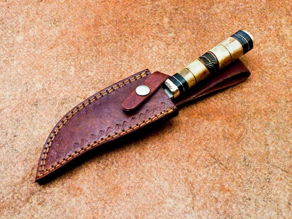 Heritage Forge 10" Damascus Steel Gut Hook Hunting Knife | Burnt Camel Bone Handle