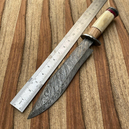 16" Custom Hand Forged Damascus Steel Knife Damascus Bowie Knife With Leather Sheath