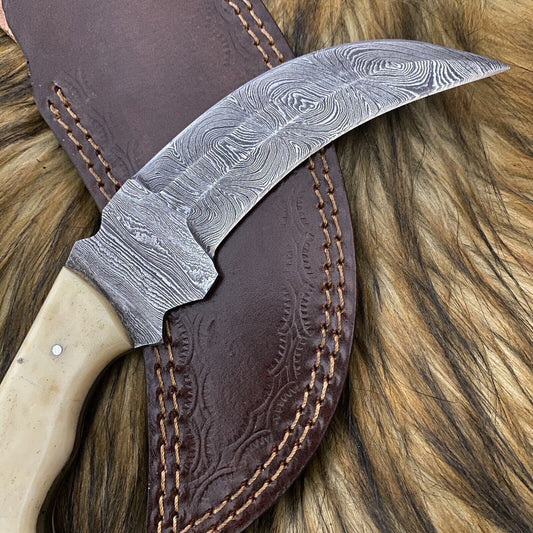 9" Custom Hand Forged Damascus Steel Hunting Karambit Knife | Camel Bone Handle & Leather Sheath