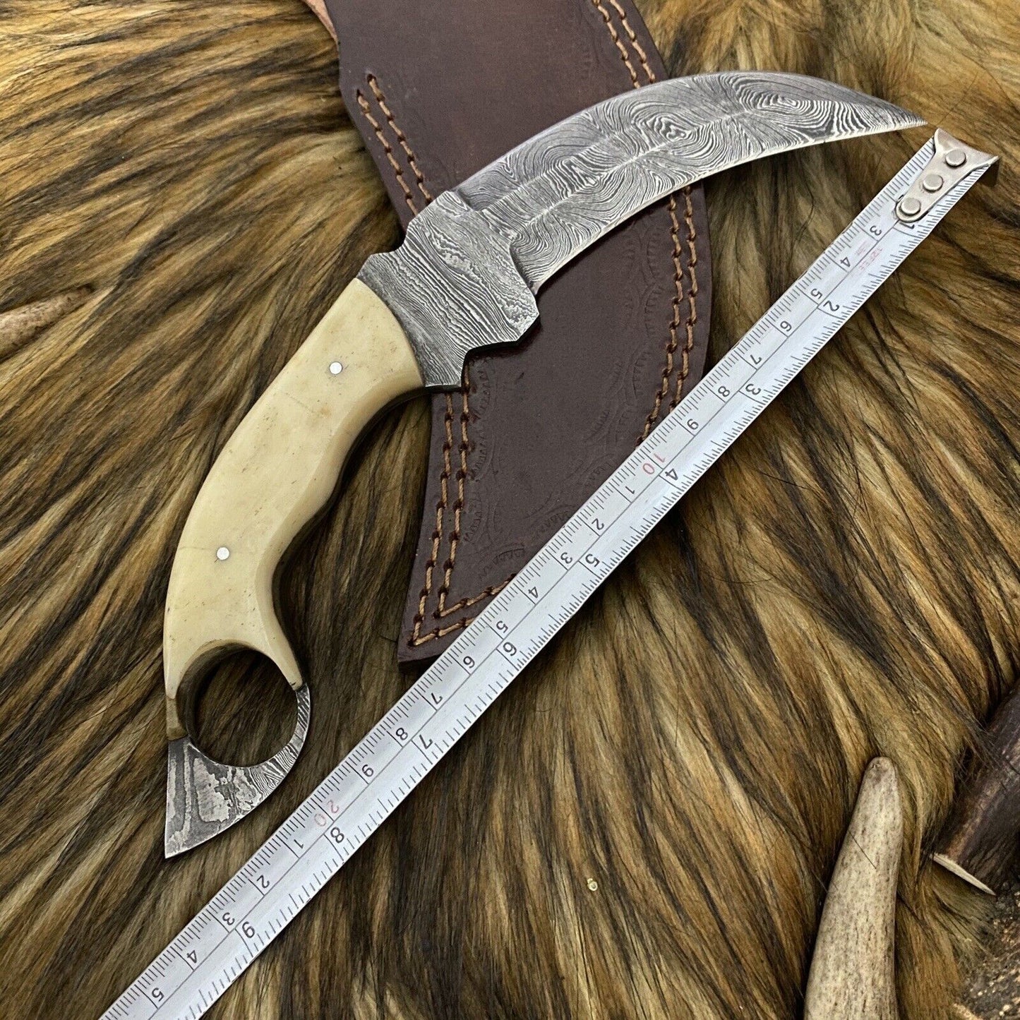 9" Custom Hand Forged Damascus Steel Hunting Karambit Knife | Camel Bone Handle & Leather Sheath