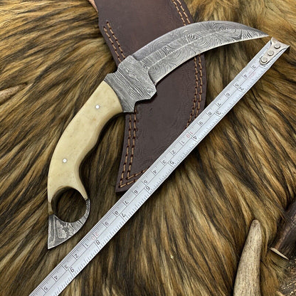 9" Custom Hand Forged Damascus Steel Hunting Karambit Knife | Camel Bone Handle & Leather Sheath