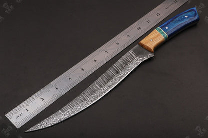 13" Custom Hand Forged Damascus Fillet Knife Handmade Fillet Knives With Leather Sheath