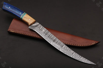 13" Custom Hand Forged Damascus Fillet Knife Handmade Fillet Knives With Leather Sheath