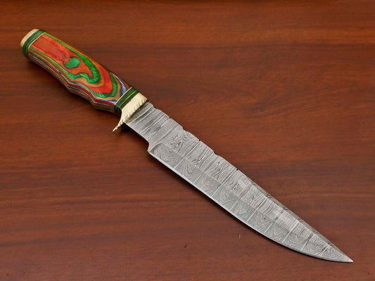 Hand Forged 14" Damascus Bowie Hunting Knife – Hard Wood Handle