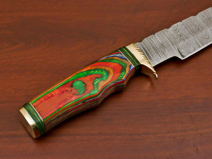 Hand Forged 14" Damascus Bowie Hunting Knife – Hard Wood Handle