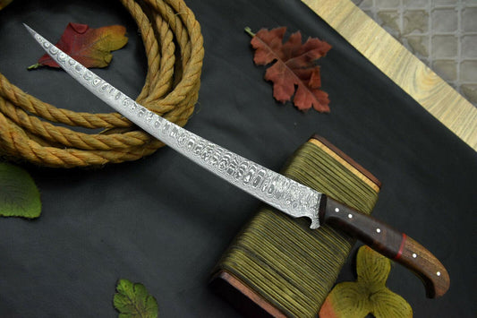 Custom Handmade Damascus Steel Fillet Knife With Walnut Handle & Leather Sheath