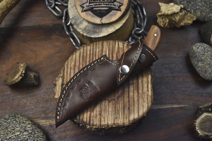 Forged Twist Damascus Skinner Knife with Gut Hook and Walnut Wood Handle – Handmade Hunting & Hiking Knife