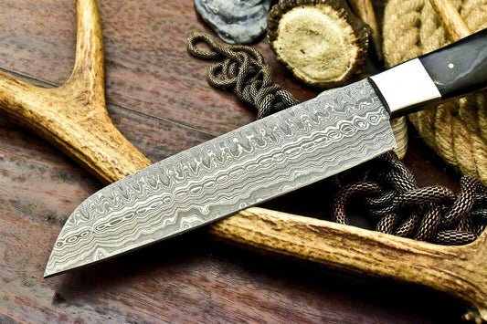Handmade Damascus Steel Chef Knife | 12.5" Full Tang with Bull Horn & Hard Wood Handle