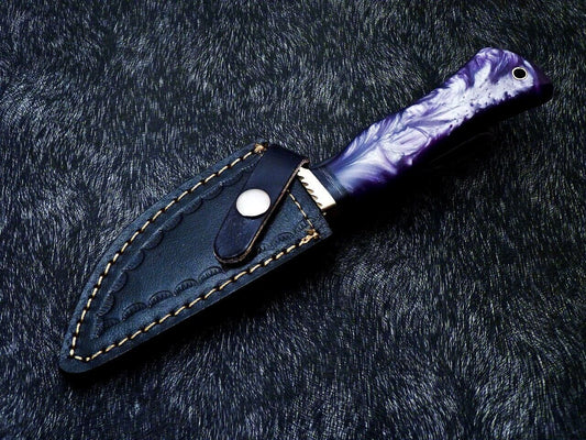 10" Custom Handmade Damascus Steel Bowie Knife – Resin Handle, Brass Bolster & Leather Sheath