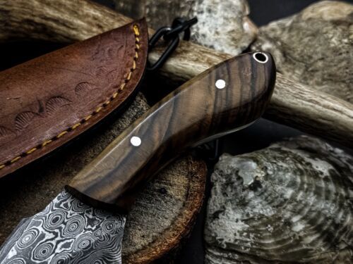 Heritage Forge Handmade Damascus Steel Survival Knife Tiger Wood Handle with Cow Leather Sheath